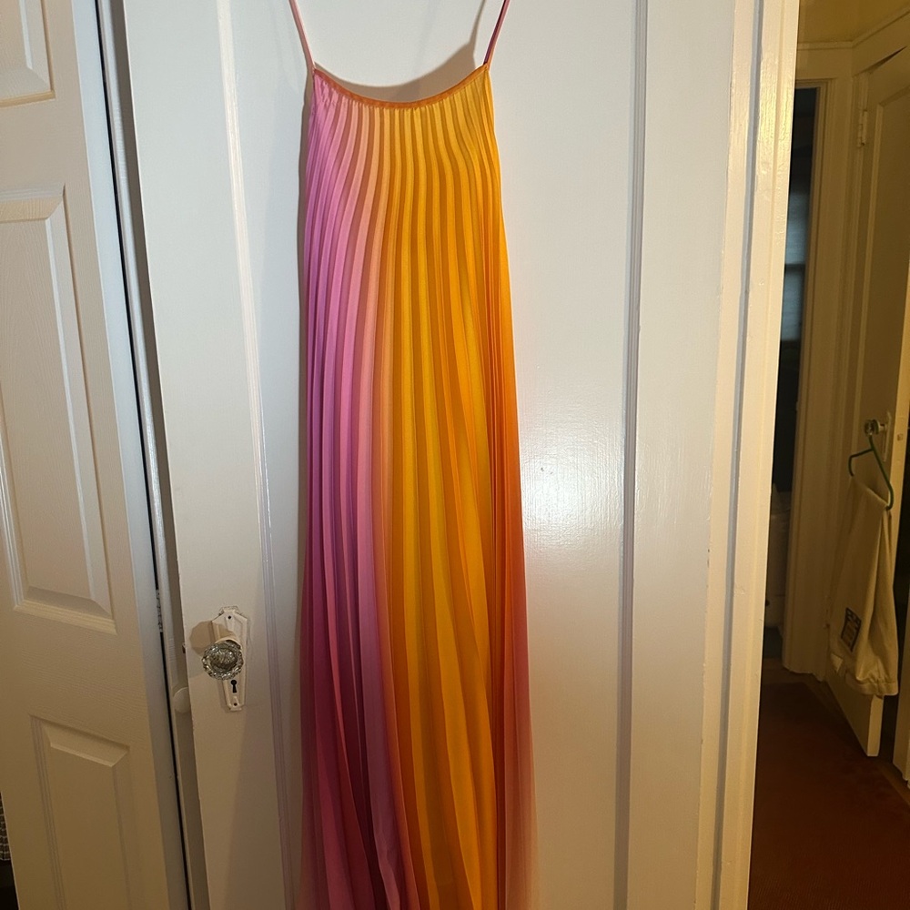 Sandro Gradient Pink, Purple and Orange Pleated Maxi Dress